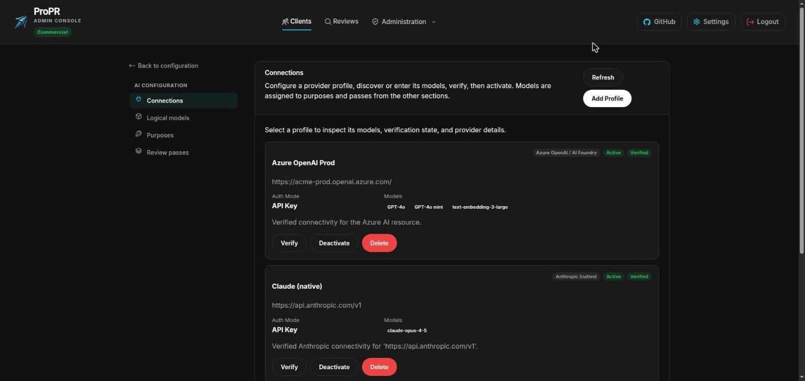 ProPR AI connections list showing an Azure OpenAI account and an Anthropic account configured side by side