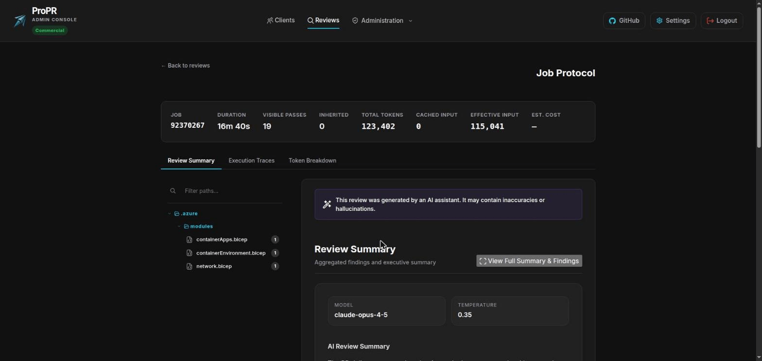 ProPR review record showing passes, reused results, token totals and cost for a single review