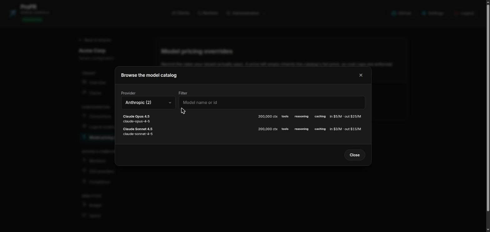ProPR model picker listing models with their context window, capabilities and per-million-token prices