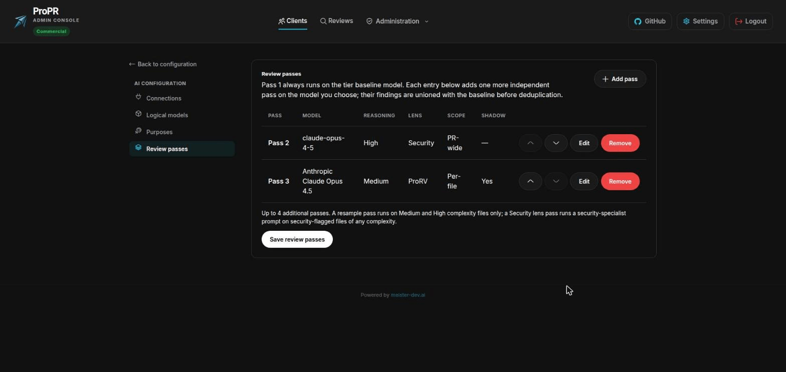 ProPR review configuration with a security review pass and a second trial pass on a different model