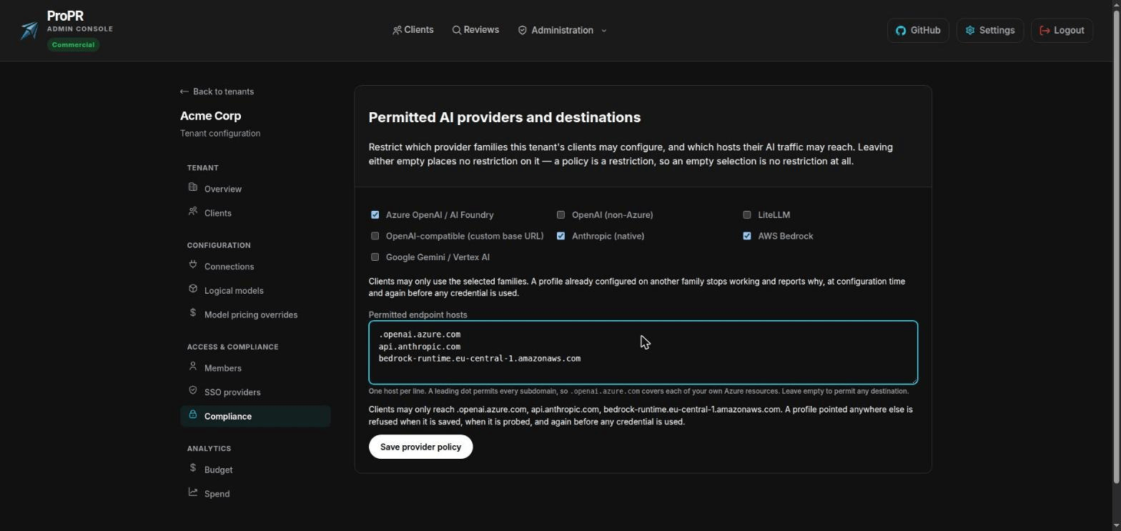 ProPR compliance screen listing permitted AI services and permitted destination hostnames